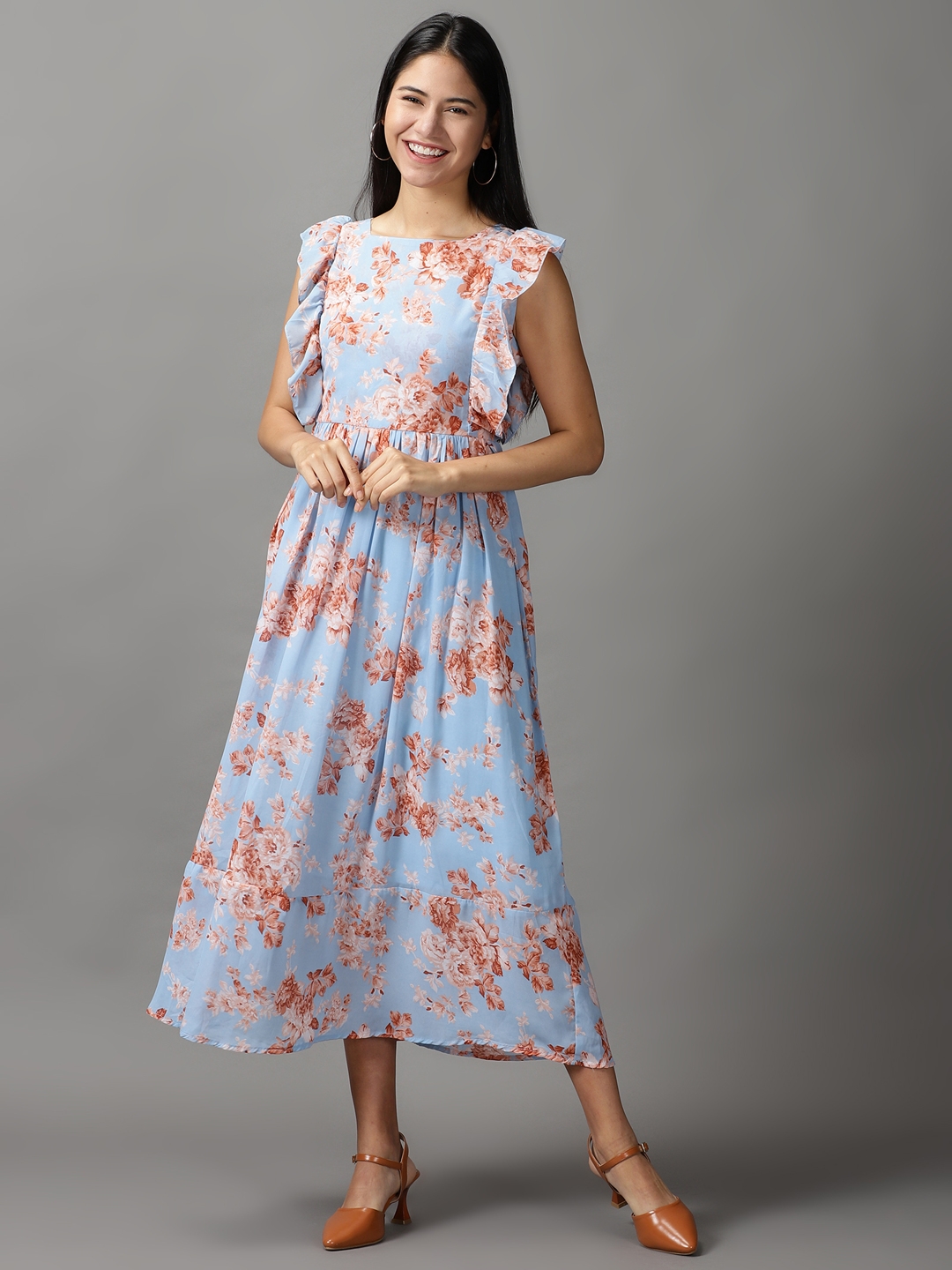 Showoff | SHOWOFF Women Blue Printed Round Neck Short Sleeves Maxi Fit and Flare Dress 1