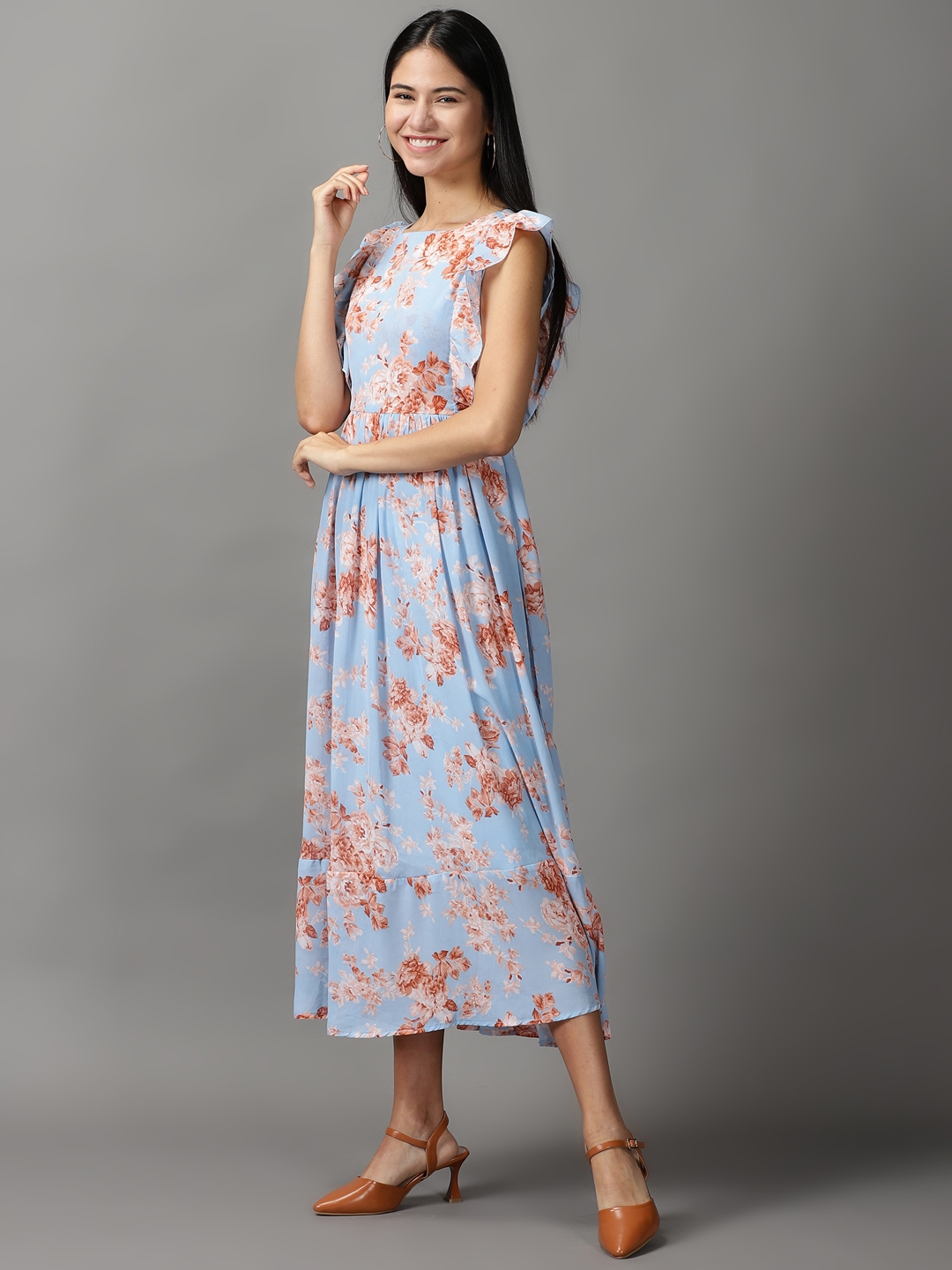 Showoff | SHOWOFF Women Blue Printed Round Neck Short Sleeves Maxi Fit and Flare Dress 2