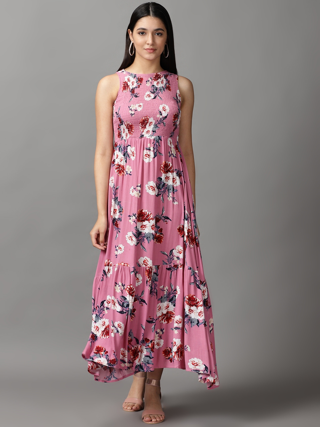 Showoff | SHOWOFF Women Pink Printed Round Neck Sleeveless Maxi Fit and Flare Dress 1