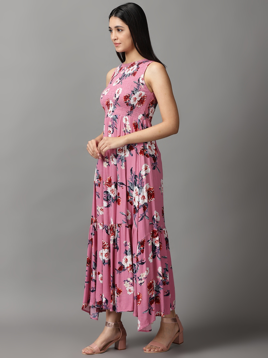 Showoff | SHOWOFF Women Pink Printed Round Neck Sleeveless Maxi Fit and Flare Dress 2