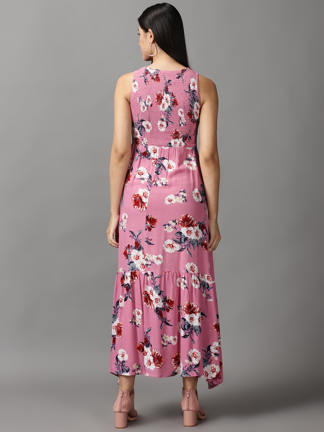 Showoff | SHOWOFF Women Pink Printed Round Neck Sleeveless Maxi Fit and Flare Dress 3
