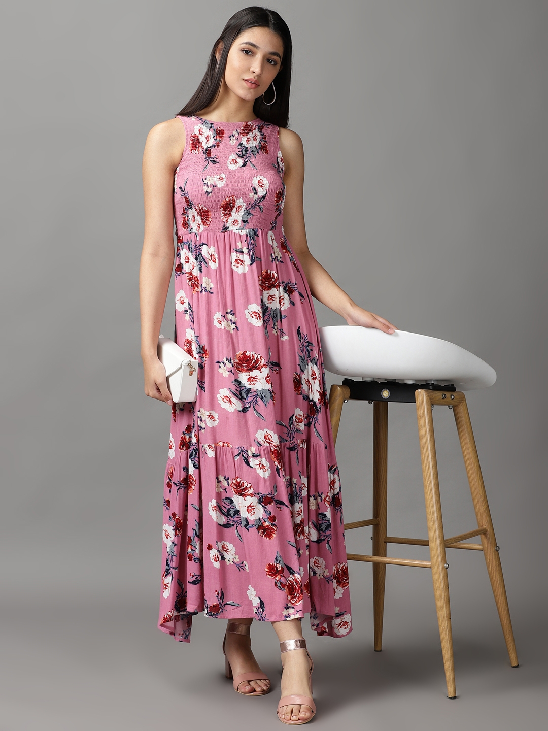 Showoff | SHOWOFF Women Pink Printed Round Neck Sleeveless Maxi Fit and Flare Dress 4