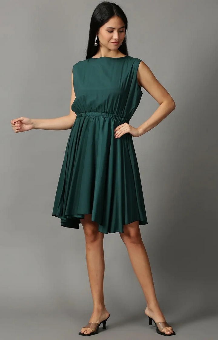 Showoff | SHOWOFF Women Green Solid  Boat Neck Sleeveless Knee length Fit and Flare Dress 0
