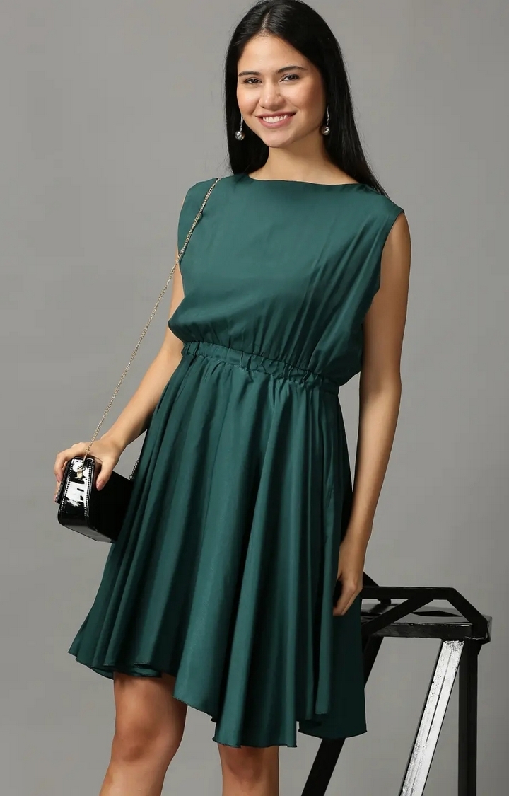 Showoff | SHOWOFF Women Green Solid  Boat Neck Sleeveless Knee length Fit and Flare Dress 1