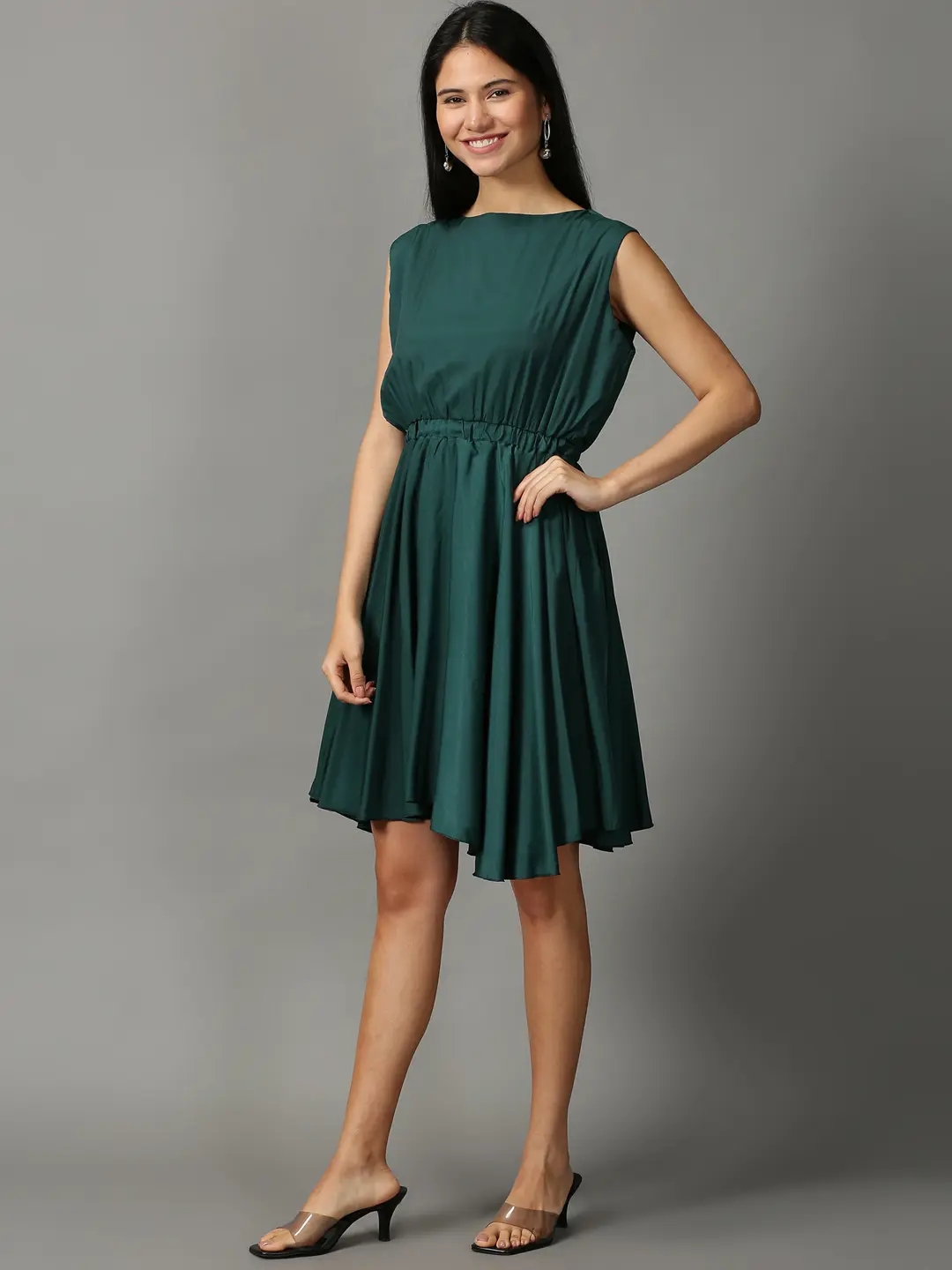 Showoff | SHOWOFF Women Green Solid  Boat Neck Sleeveless Knee length Fit and Flare Dress 2