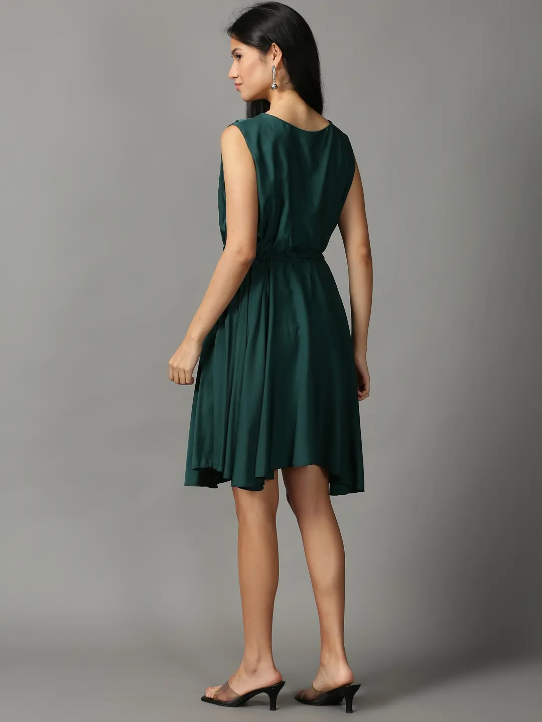 Showoff | SHOWOFF Women Green Solid  Boat Neck Sleeveless Knee length Fit and Flare Dress 3