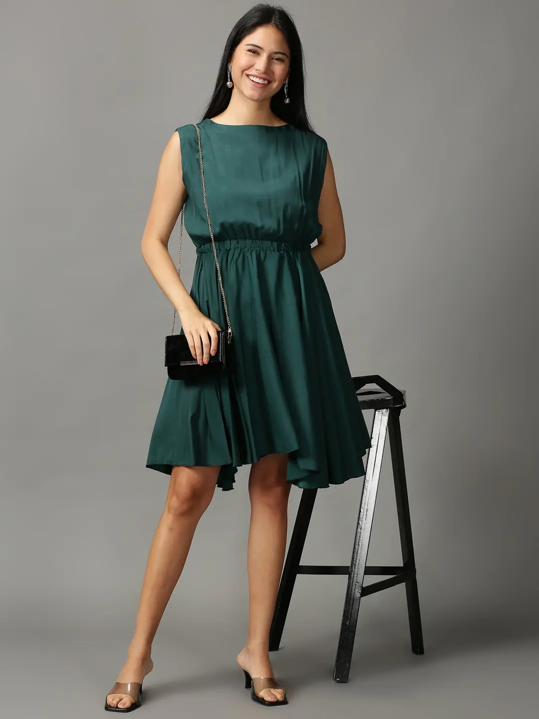Showoff | SHOWOFF Women Green Solid  Boat Neck Sleeveless Knee length Fit and Flare Dress 4
