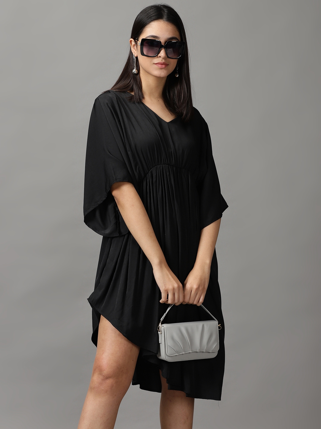 Showoff | SHOWOFF Women Black Solid  V Neck Short Sleeves Midi Fit and Flare Dress 0