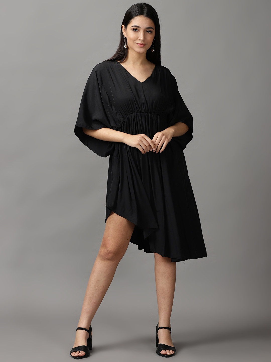 Showoff | SHOWOFF Women Black Solid  V Neck Short Sleeves Midi Fit and Flare Dress 1
