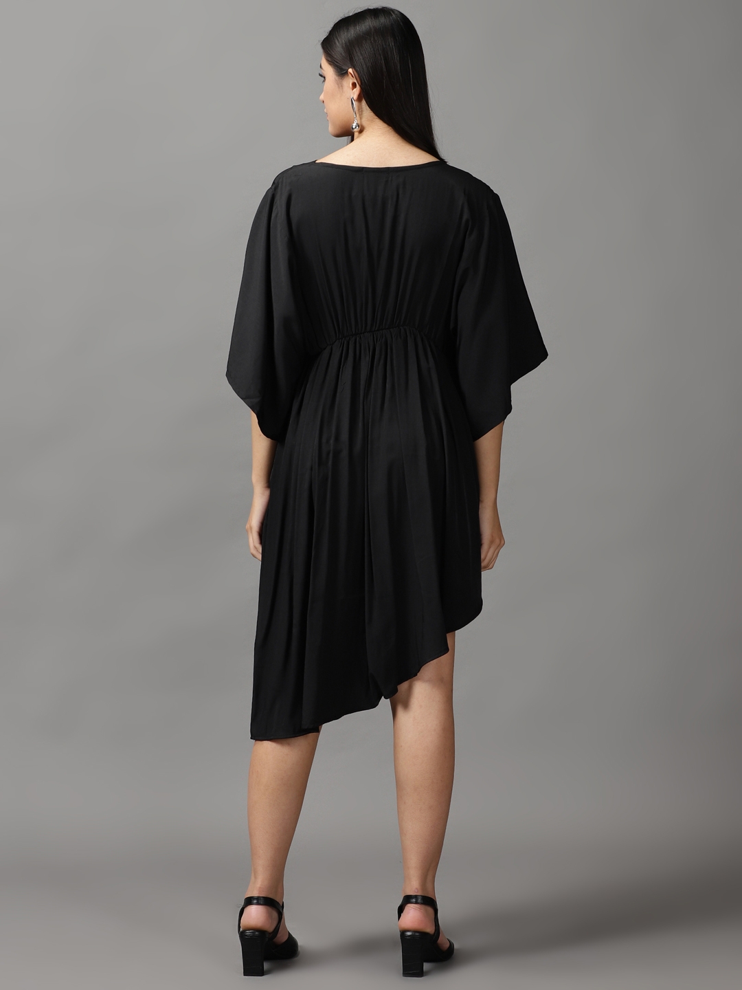 Showoff | SHOWOFF Women Black Solid  V Neck Short Sleeves Midi Fit and Flare Dress 3