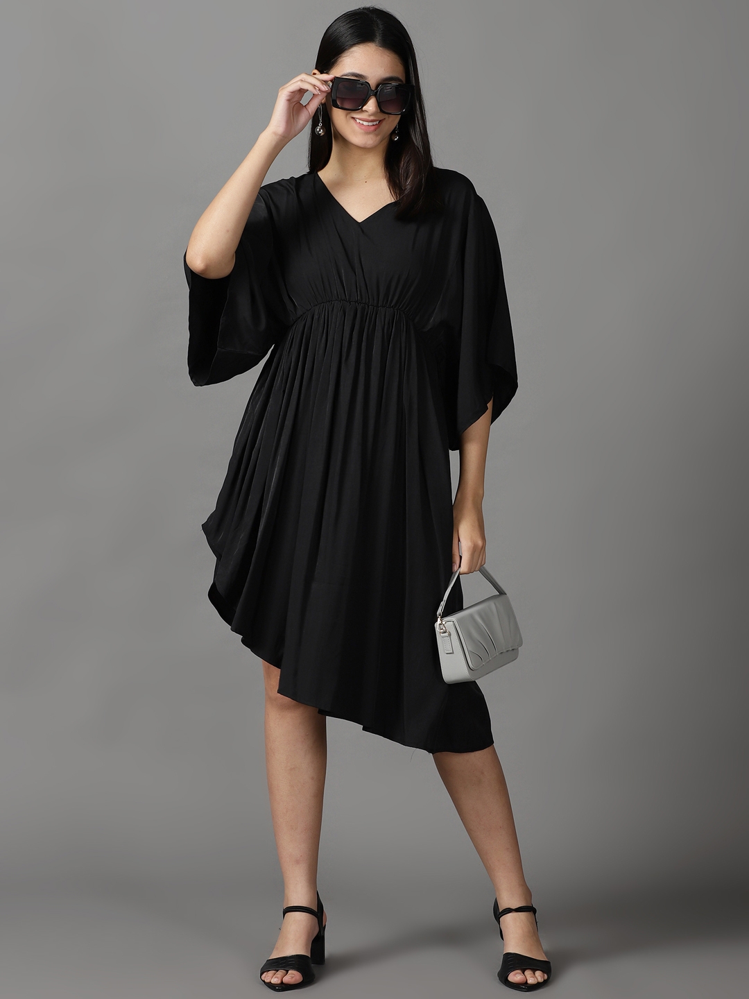 Showoff | SHOWOFF Women Black Solid  V Neck Short Sleeves Midi Fit and Flare Dress 4