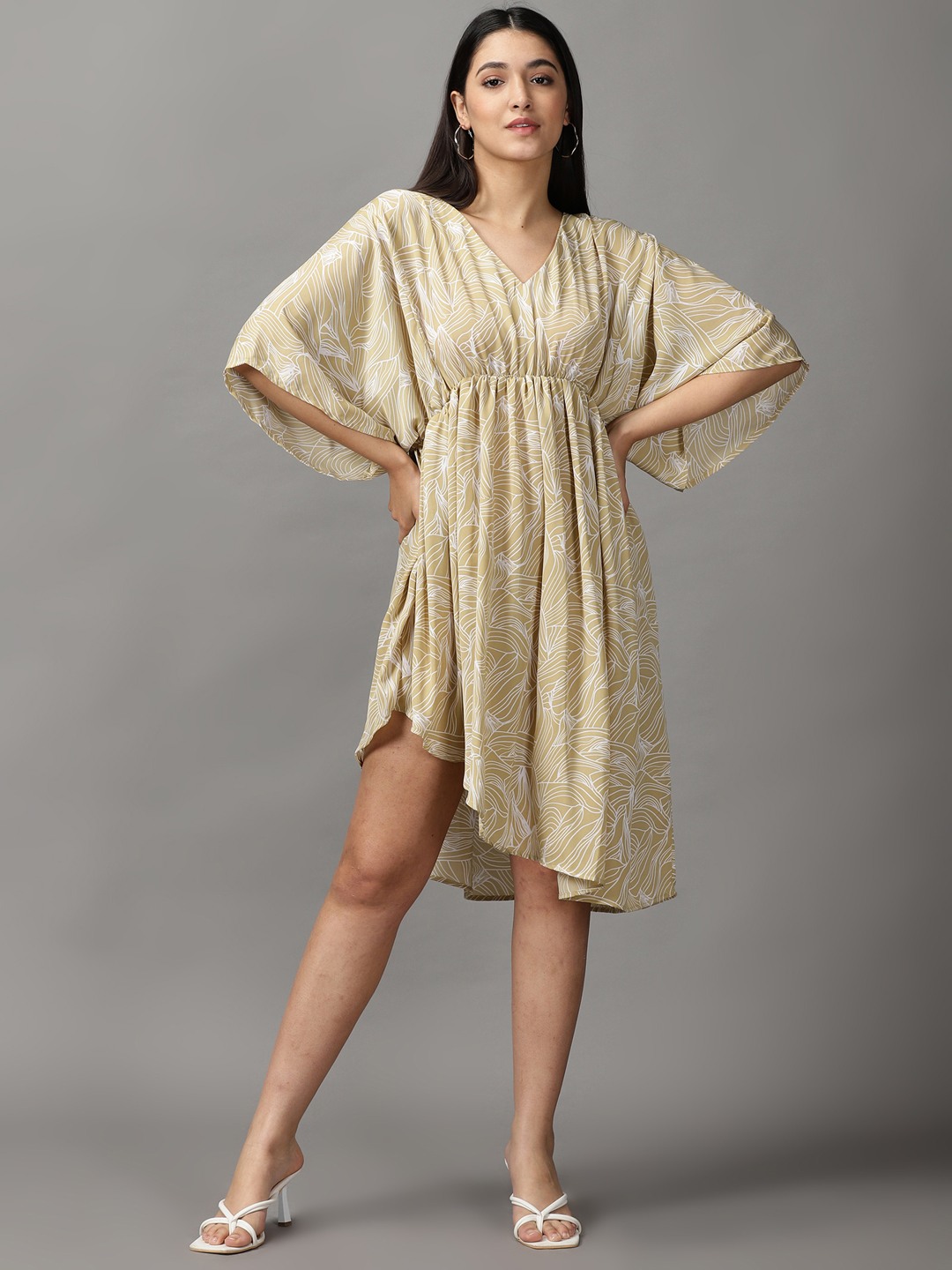 SHOWOFF Women Beige Abstract V Neck Short Sleeves Knee length Fit and Flare Dress