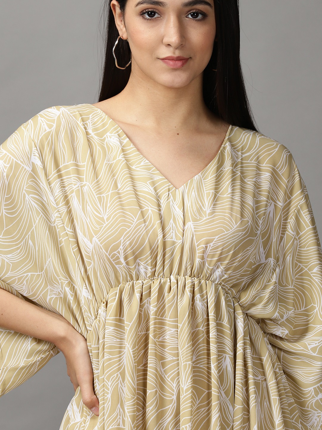 SHOWOFF Women Beige Abstract V Neck Short Sleeves Knee length Fit and Flare Dress