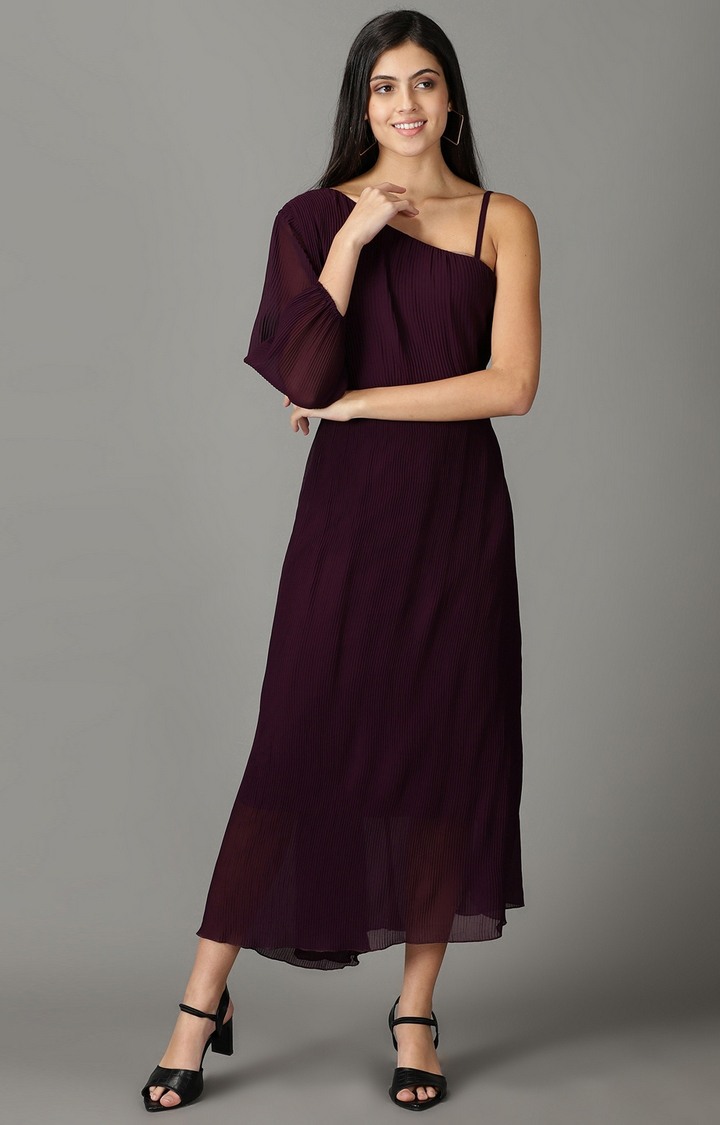 SHOWOFF Women Purple Solid Asymmetric Neck Full Sleeves Maxi A-Line Dress