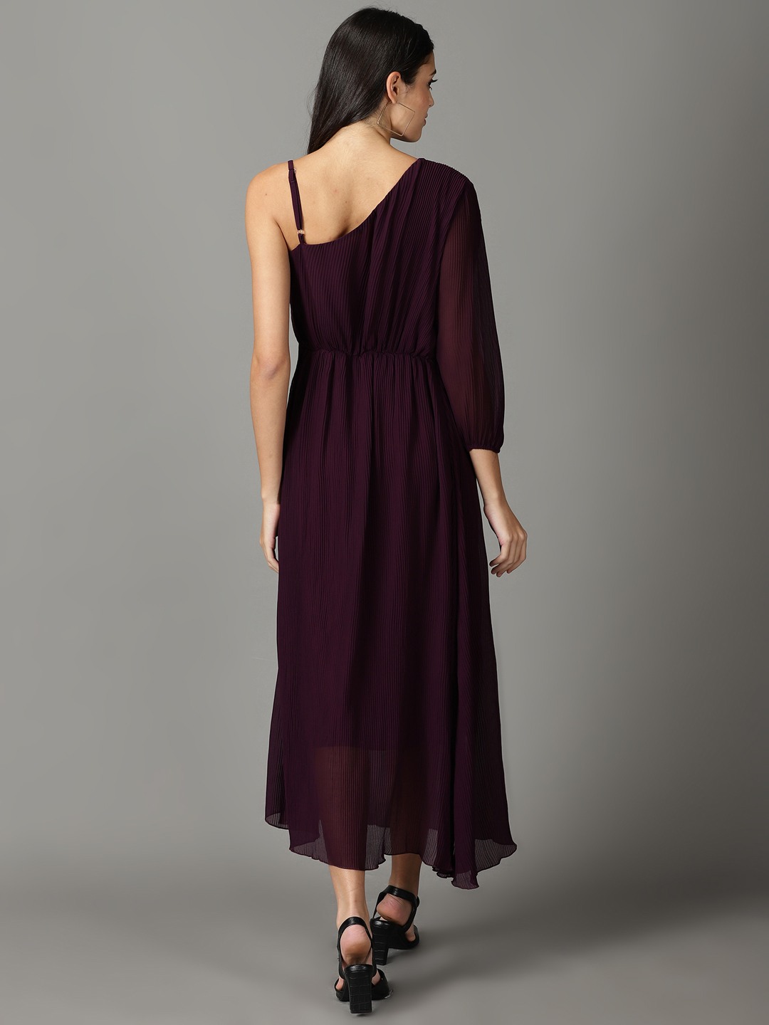 SHOWOFF Women Purple Solid Asymmetric Neck Full Sleeves Maxi A-Line Dress