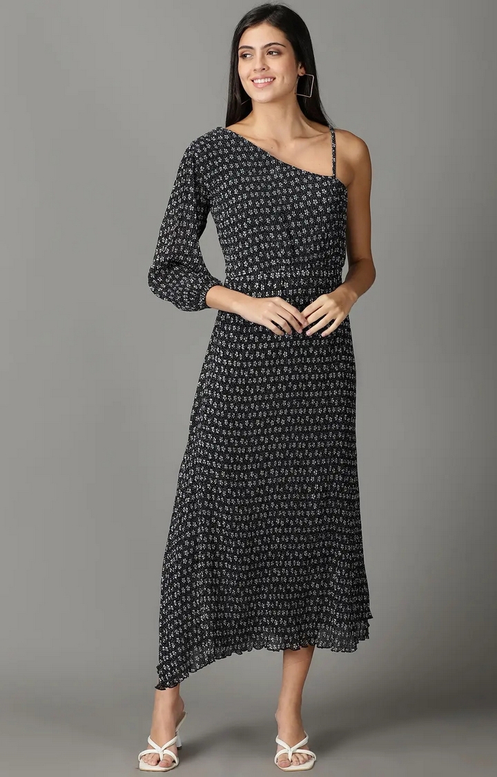 Showoff | SHOWOFF Women Black Printed Asymmetric Neck Full Sleeves Maxi A-Line Dress 0