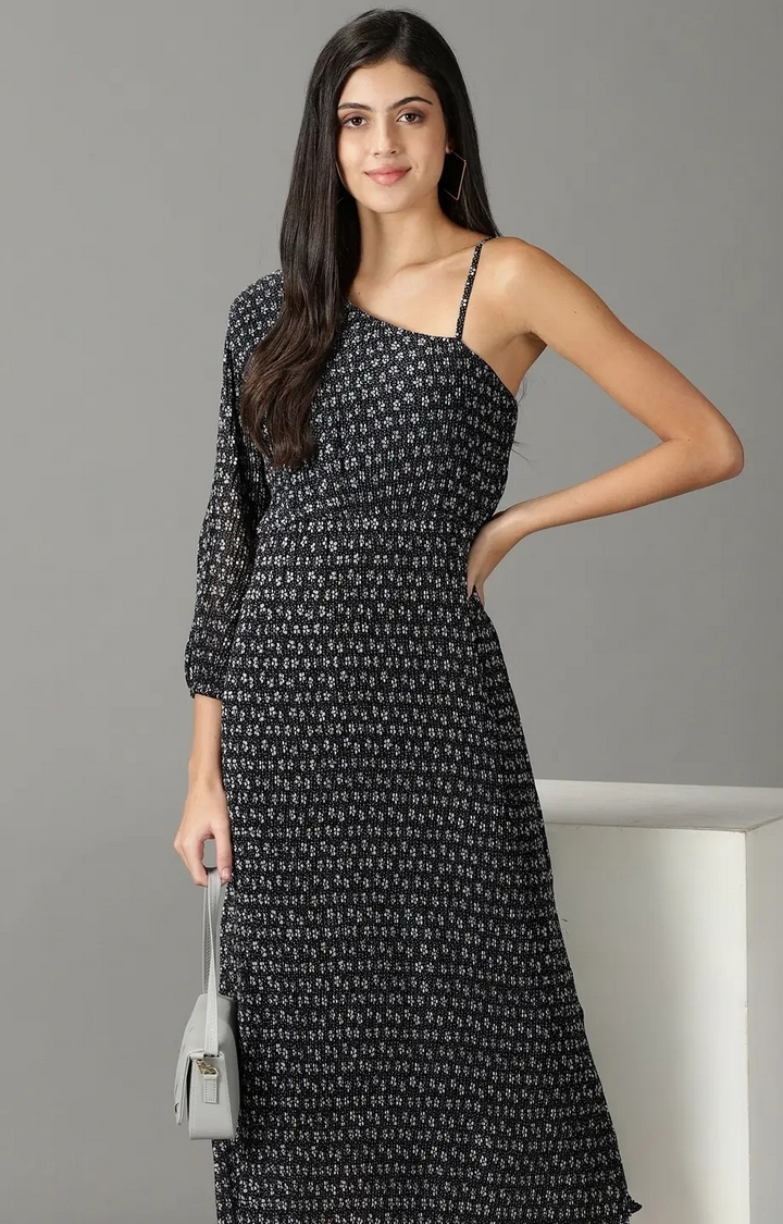 Showoff | SHOWOFF Women Black Printed Asymmetric Neck Full Sleeves Maxi A-Line Dress 1