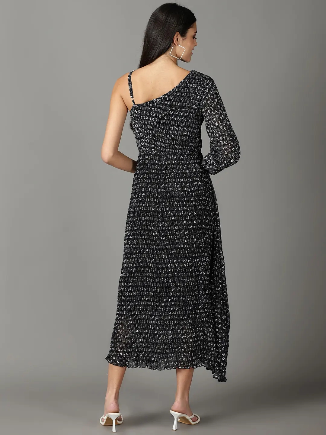 Showoff | SHOWOFF Women Black Printed Asymmetric Neck Full Sleeves Maxi A-Line Dress 3