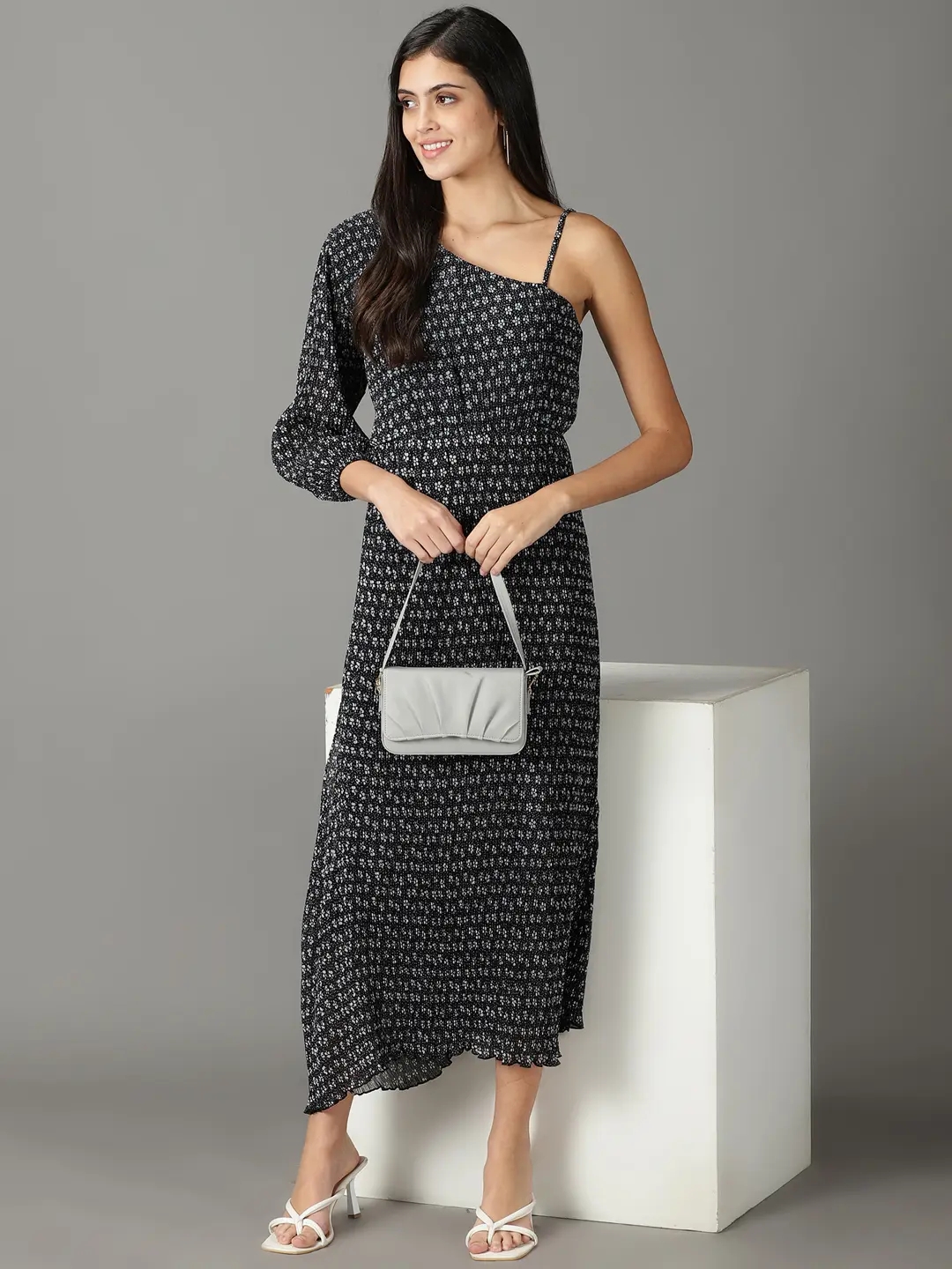 Showoff | SHOWOFF Women Black Printed Asymmetric Neck Full Sleeves Maxi A-Line Dress 4