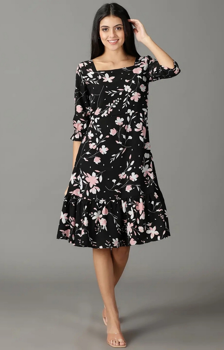 Buy ALL YOURS Women's Black & White Floral Printed Puff Sleeves Gathered  Detail Flared Fit & Flare Midi Dress (ALLDR2228_CHN_XS) at Amazon.in