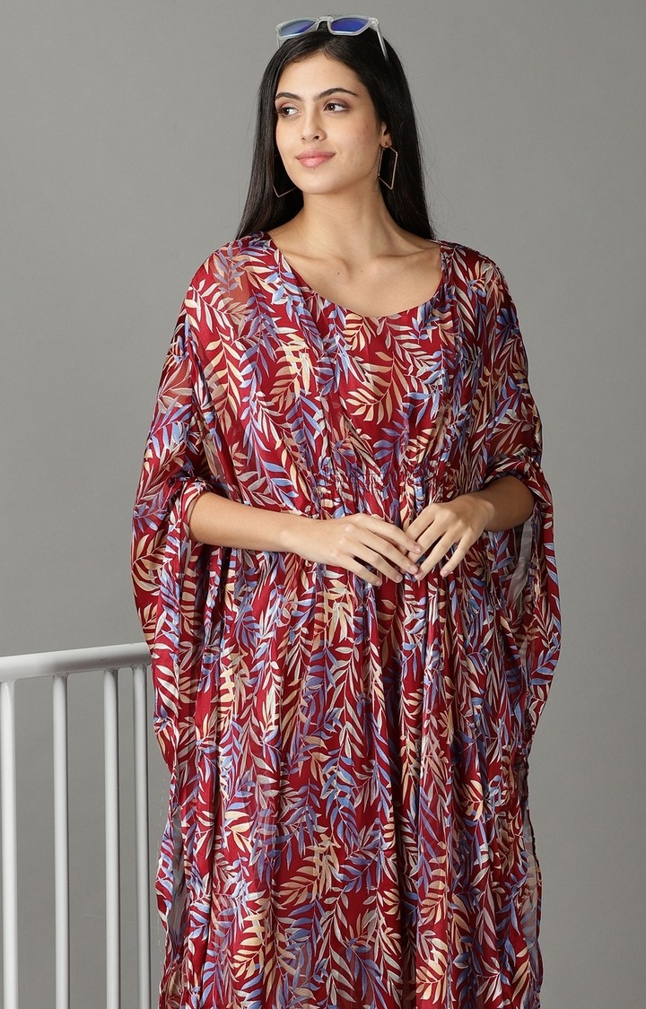 SHOWOFF Women Maroon Printed Round Neck Full Sleeves Maxi Kaftan Dress