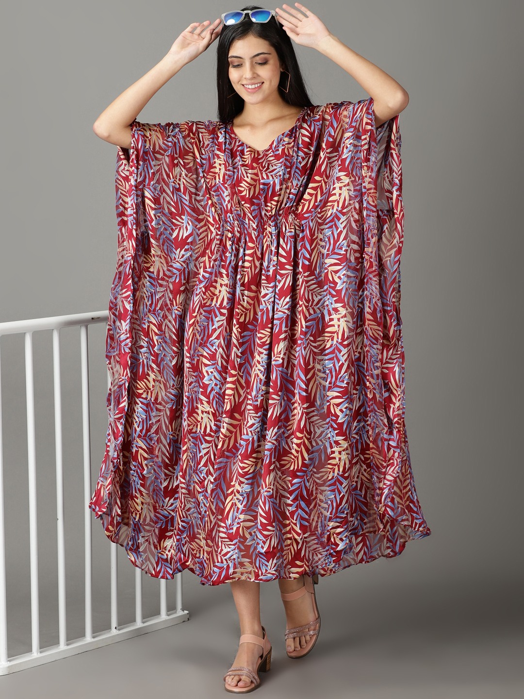SHOWOFF Women Maroon Printed Round Neck Full Sleeves Maxi Kaftan Dress