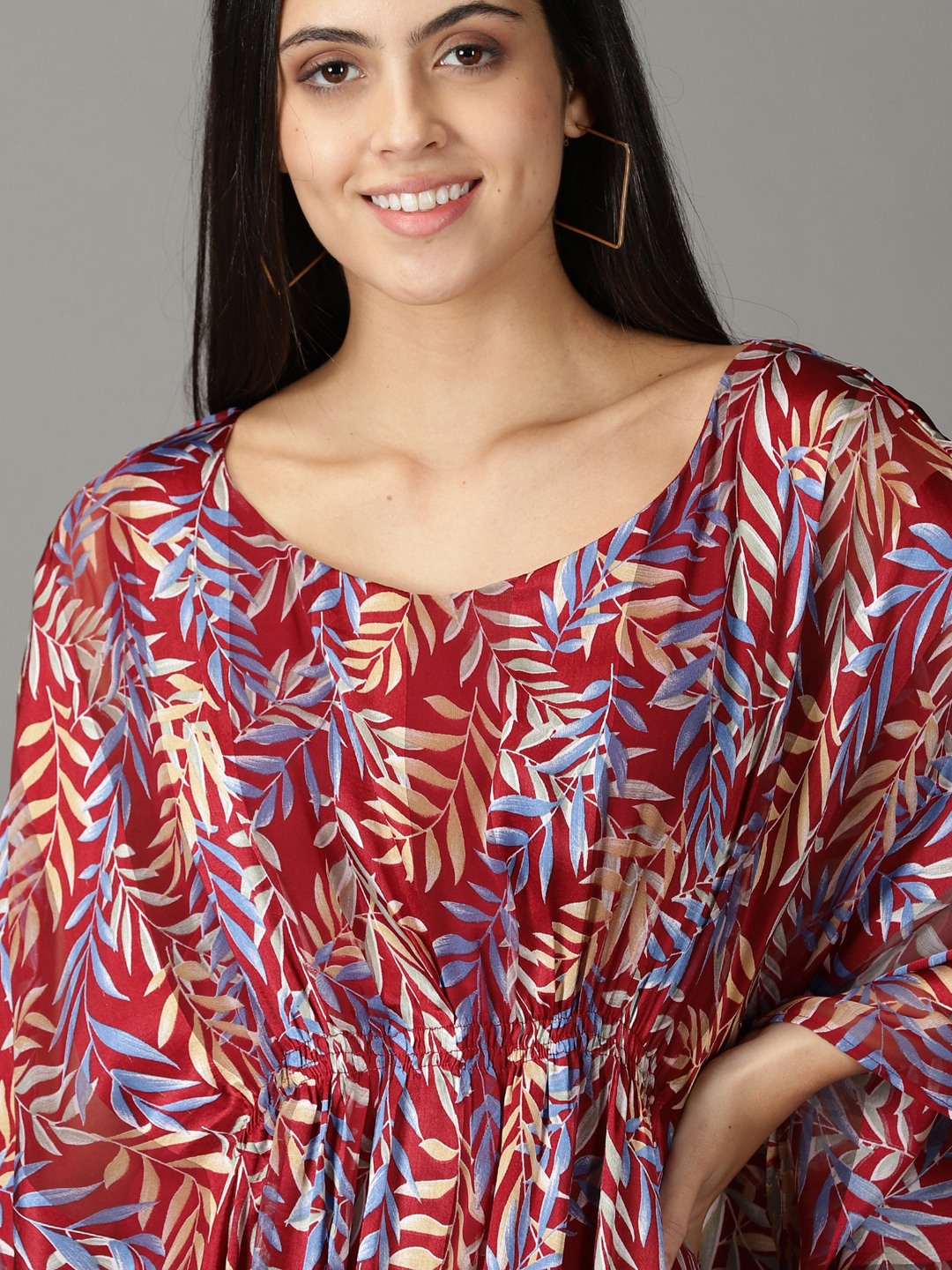 SHOWOFF Women Maroon Printed Round Neck Full Sleeves Maxi Kaftan Dress