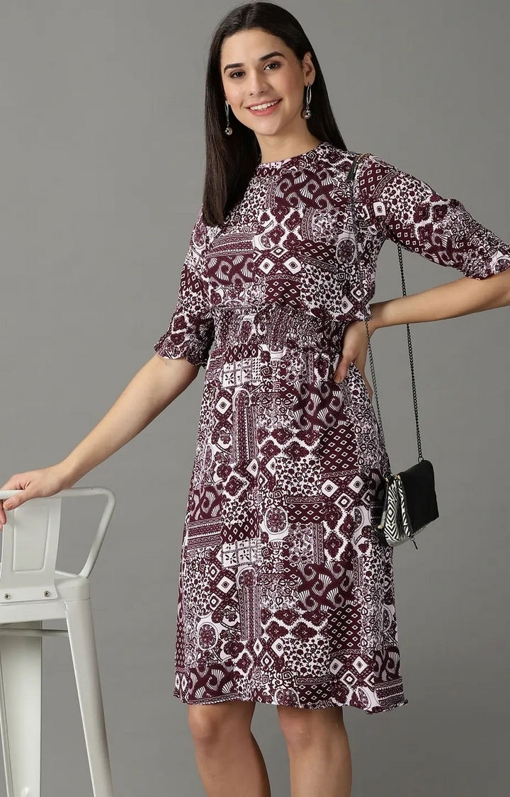 Showoff | SHOWOFF Women Lavender Printed High Neck Three-Quarter Sleeves Knee length Fit and Flare Dress 1
