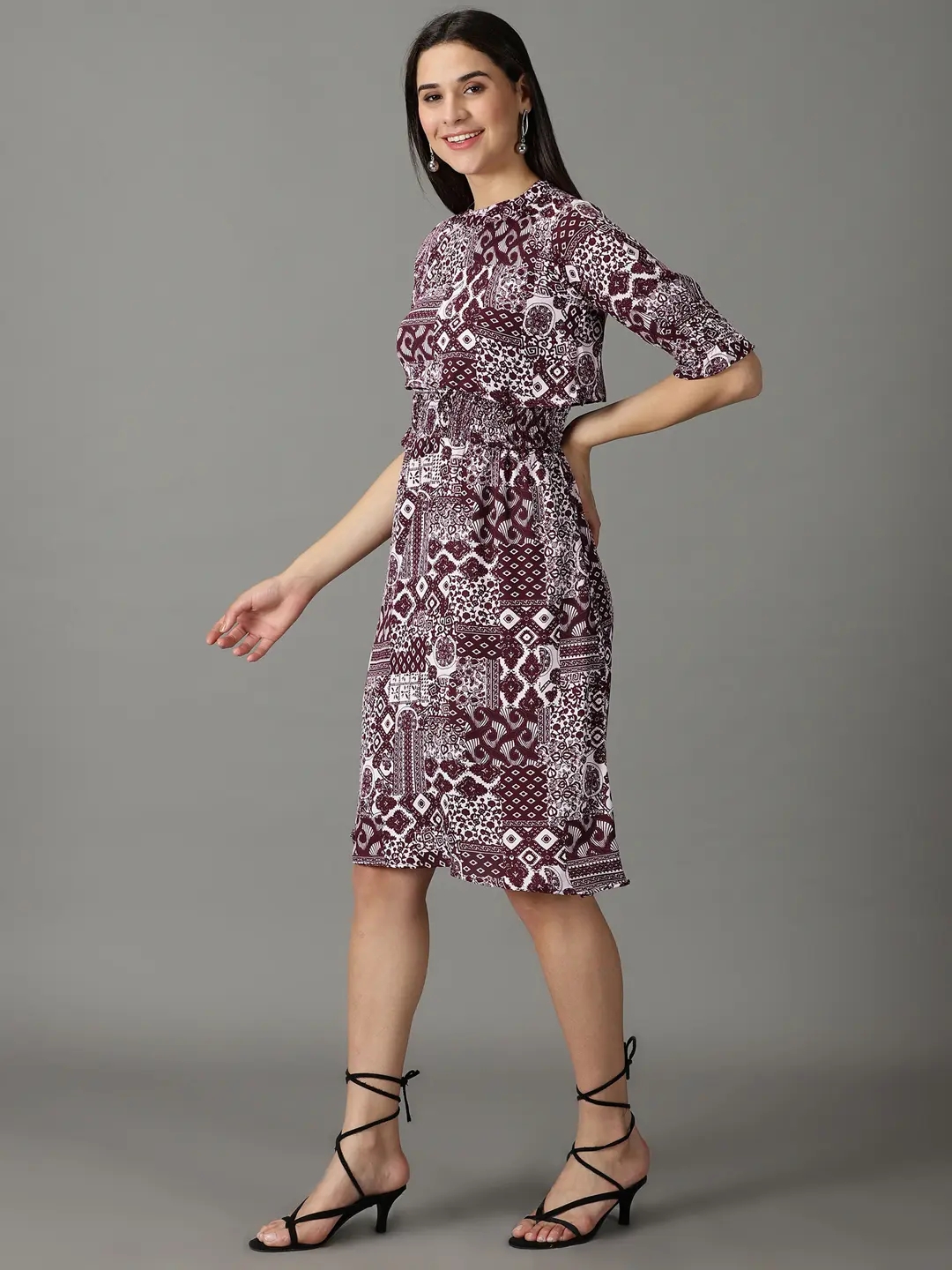 Showoff | SHOWOFF Women Lavender Printed High Neck Three-Quarter Sleeves Knee length Fit and Flare Dress 2