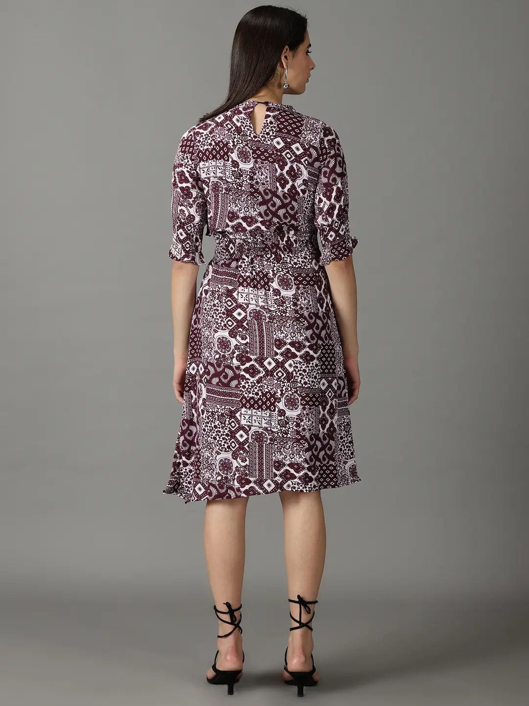 Showoff | SHOWOFF Women Lavender Printed High Neck Three-Quarter Sleeves Knee length Fit and Flare Dress 3