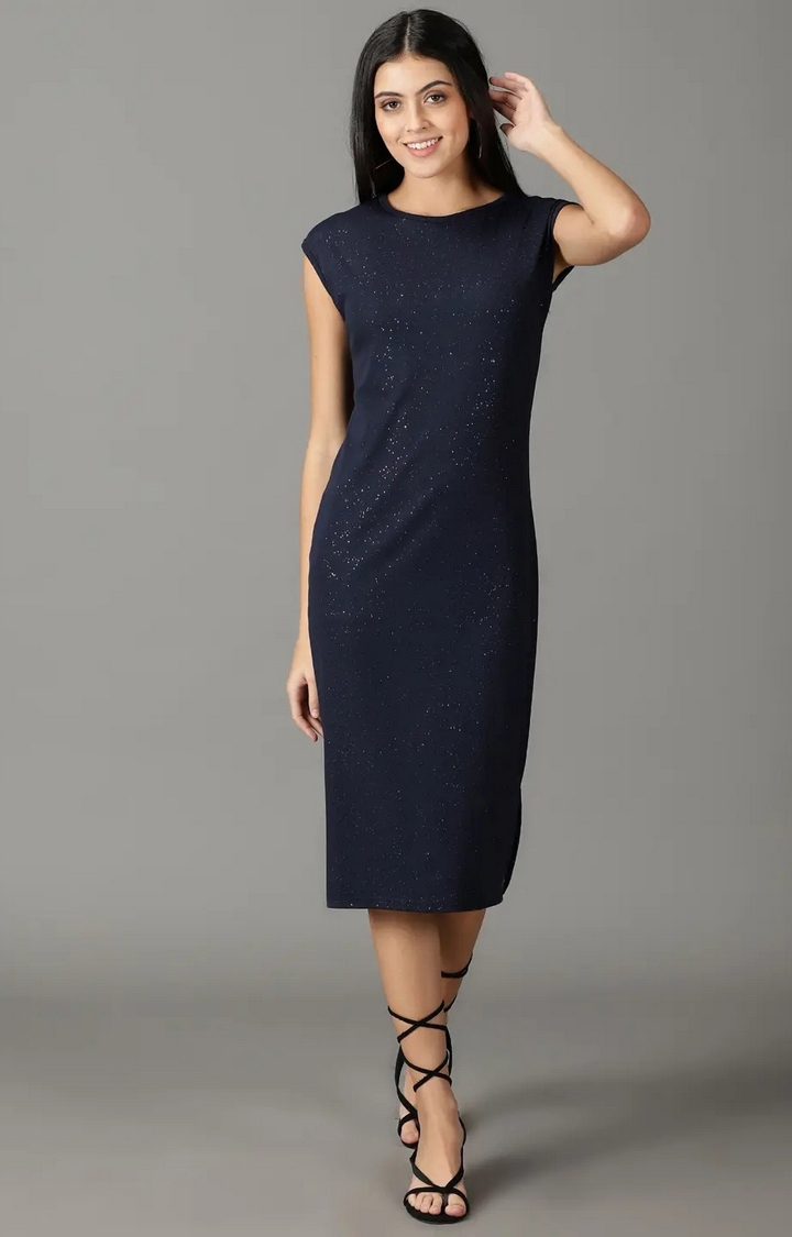 Showoff | SHOWOFF Women Navy Blue Embellished Round Neck Sleeveless Midi Bodycon Dress 0