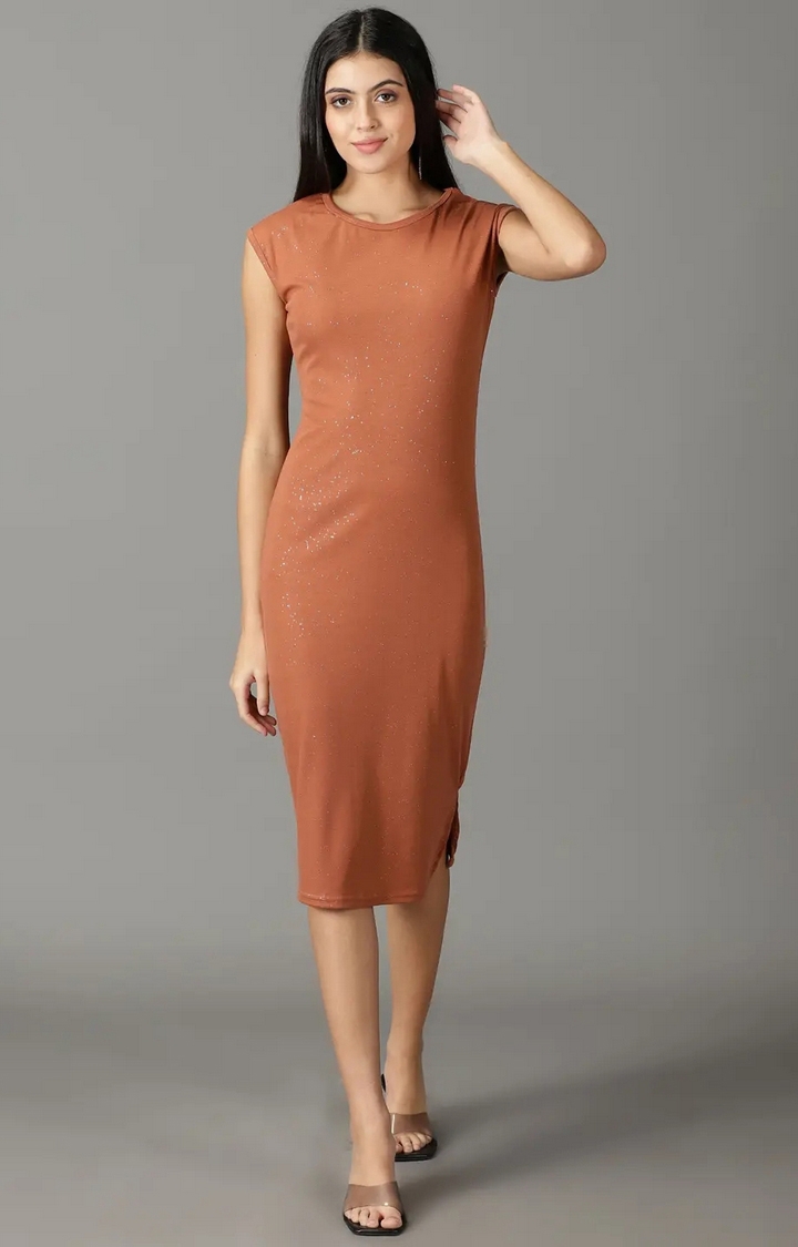 Showoff | SHOWOFF Women Rust Embellished Round Neck Sleeveless Midi Bodycon Dress 0