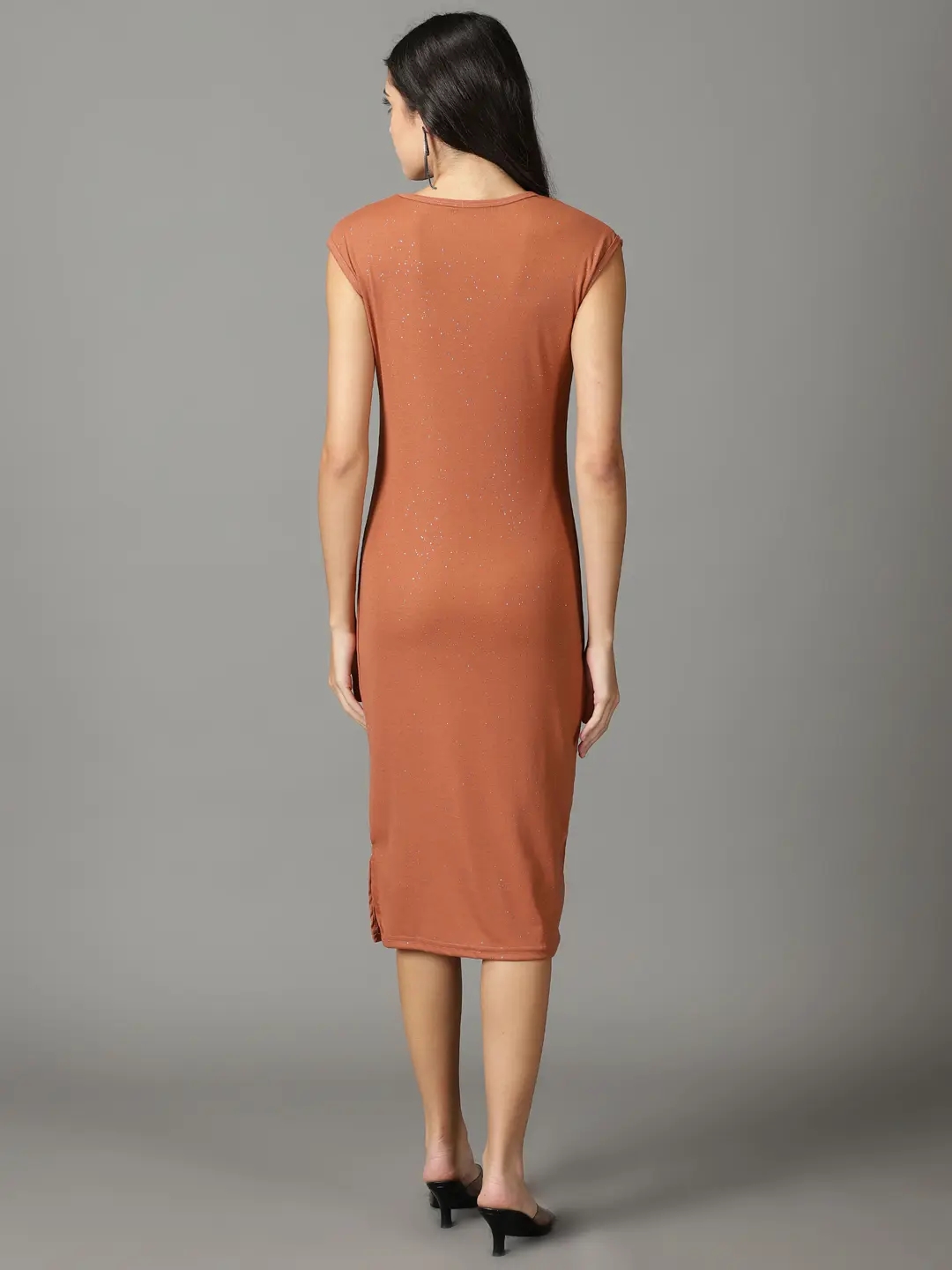 Showoff | SHOWOFF Women Rust Embellished Round Neck Sleeveless Midi Bodycon Dress 3