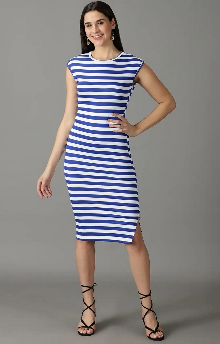 Showoff | SHOWOFF Women Blue Striped Round Neck Sleeveless Midi Bodycon Dress 0