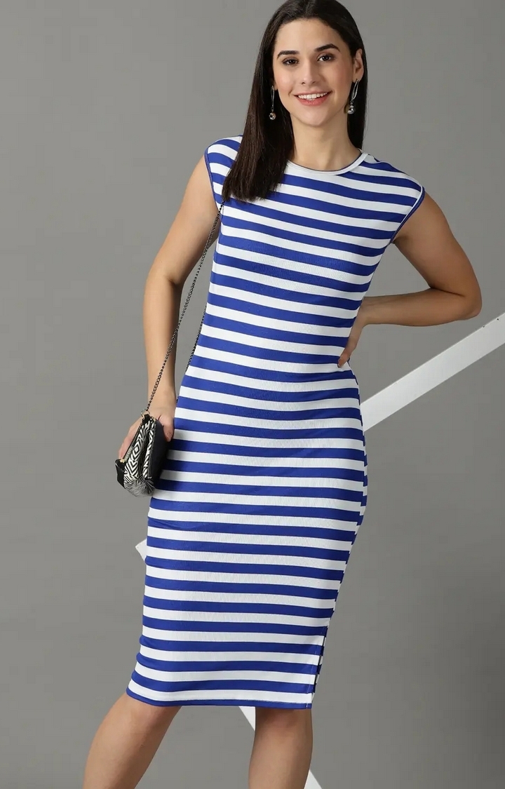 Showoff | SHOWOFF Women Blue Striped Round Neck Sleeveless Midi Bodycon Dress 1