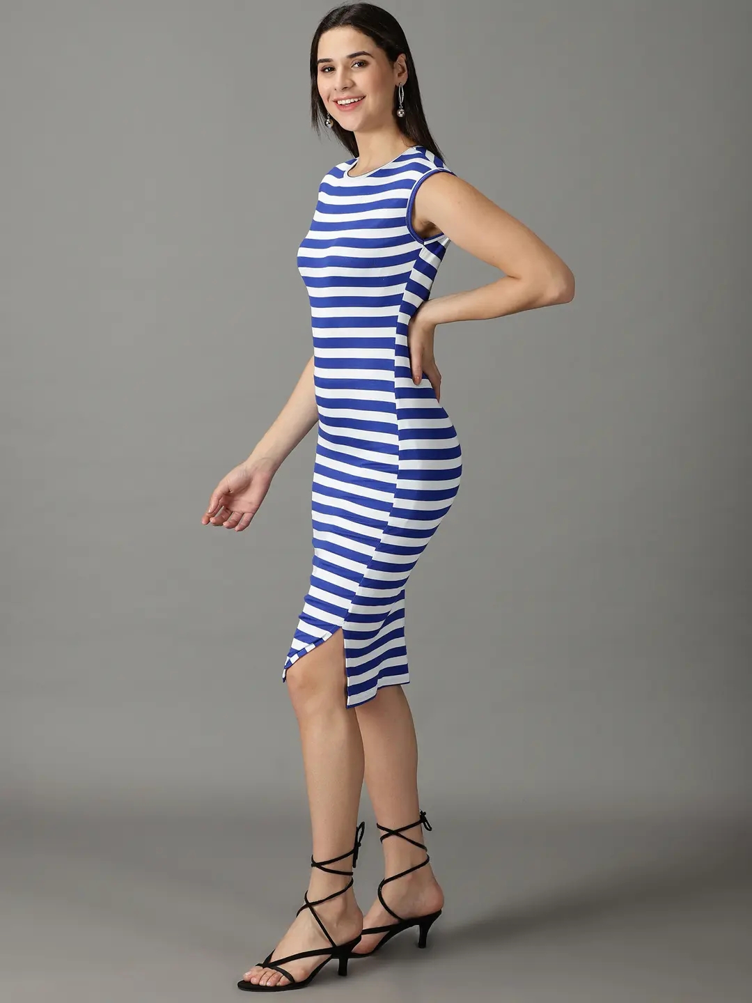 Showoff | SHOWOFF Women Blue Striped Round Neck Sleeveless Midi Bodycon Dress 2