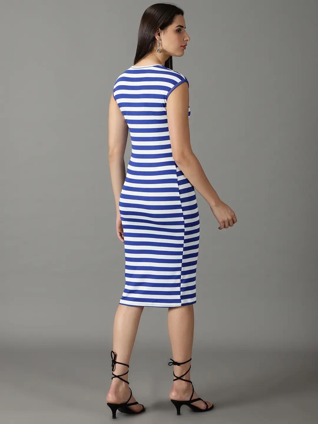 Showoff | SHOWOFF Women Blue Striped Round Neck Sleeveless Midi Bodycon Dress 3