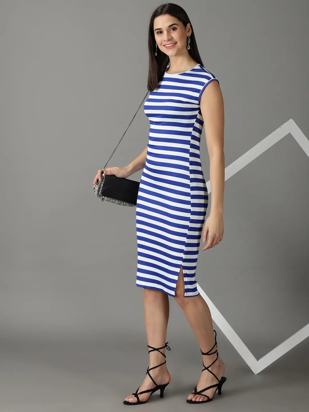 Showoff | SHOWOFF Women Blue Striped Round Neck Sleeveless Midi Bodycon Dress 4