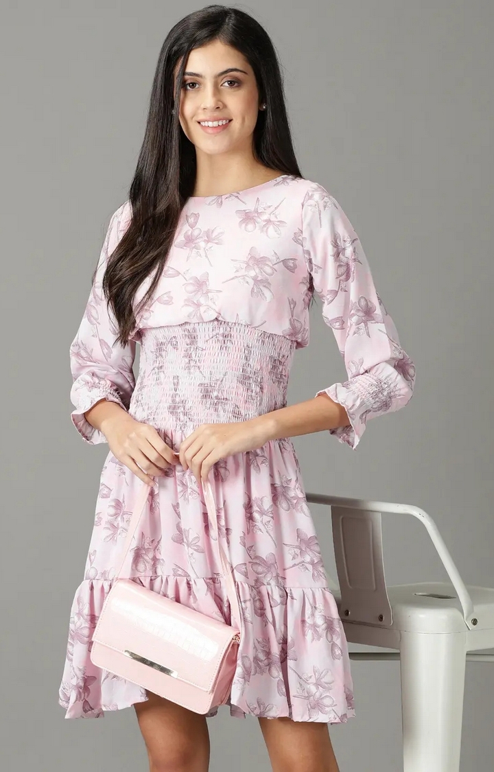 SHOWOFF Women Pink Printed Boat Neck Three-Quarter Sleeves Above Knee Fit and Flare Dress
