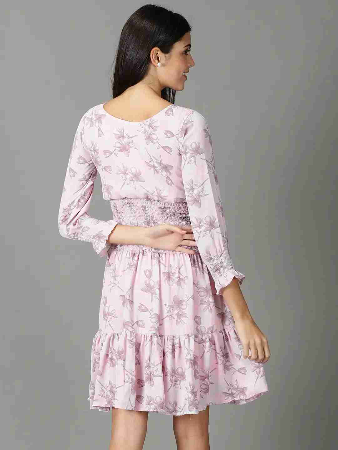 SHOWOFF Women Pink Printed Boat Neck Three-Quarter Sleeves Above Knee Fit and Flare Dress
