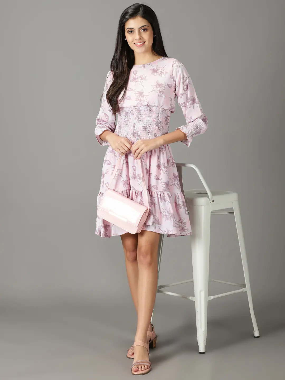 SHOWOFF Women Pink Printed Boat Neck Three-Quarter Sleeves Above Knee Fit and Flare Dress
