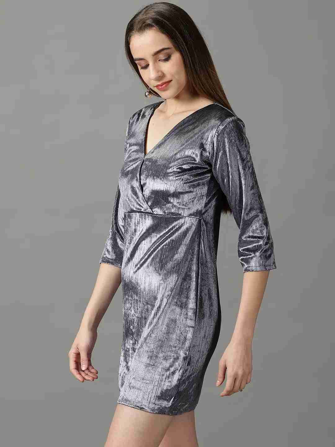 SHOWOFF Women Grey Embellished V Neck Three-Quarter Sleeves Above Knee Bodycon Dress
