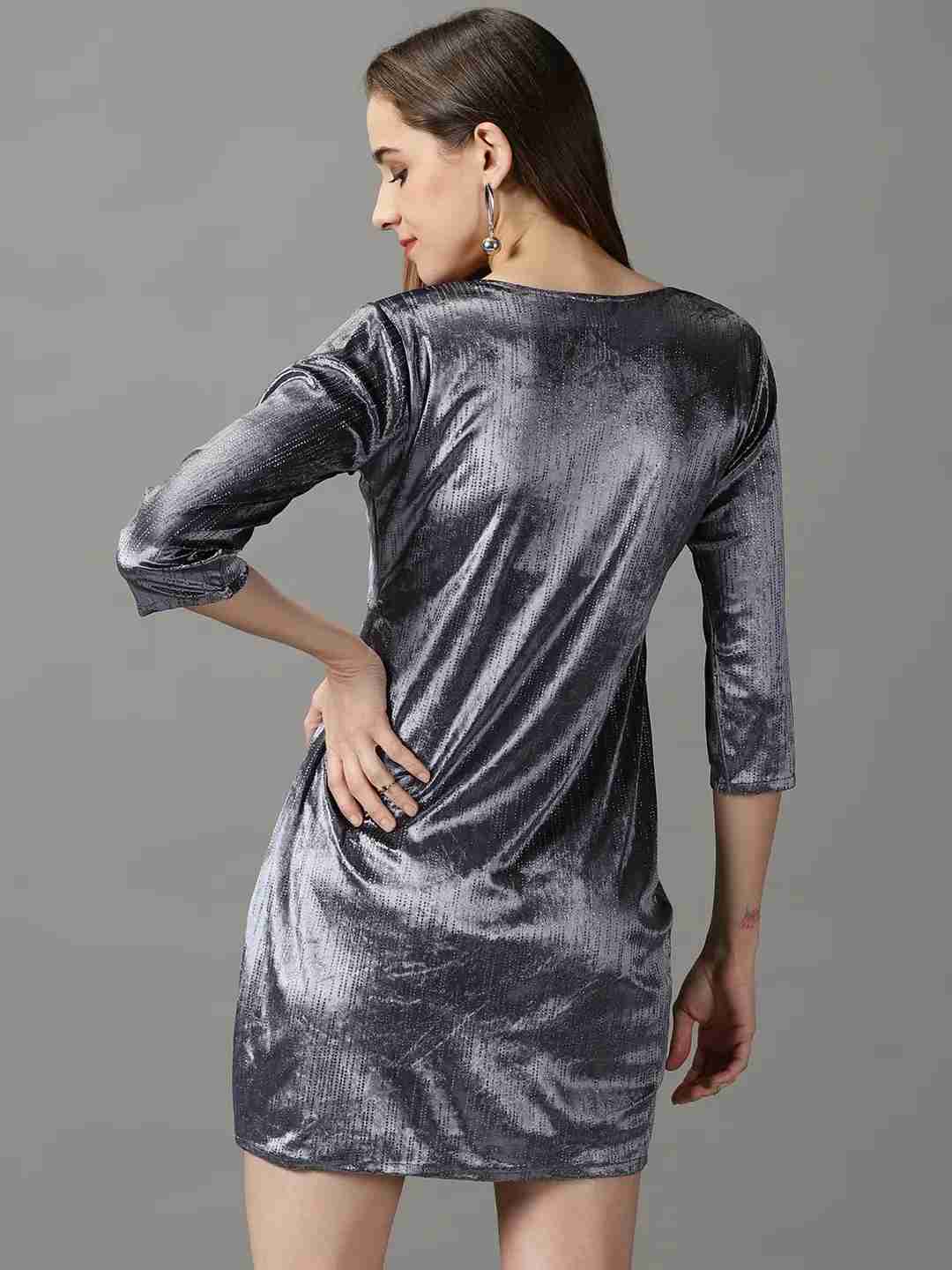 SHOWOFF Women Grey Embellished V Neck Three-Quarter Sleeves Above Knee Bodycon Dress