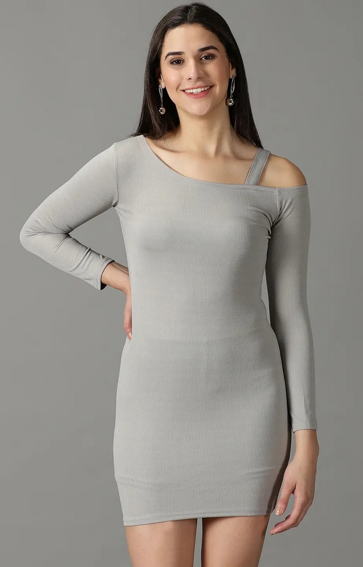 Showoff | SHOWOFF Women Grey Solid Asymmetric Neck Full Sleeves Above Knee Bodycon Dress 0