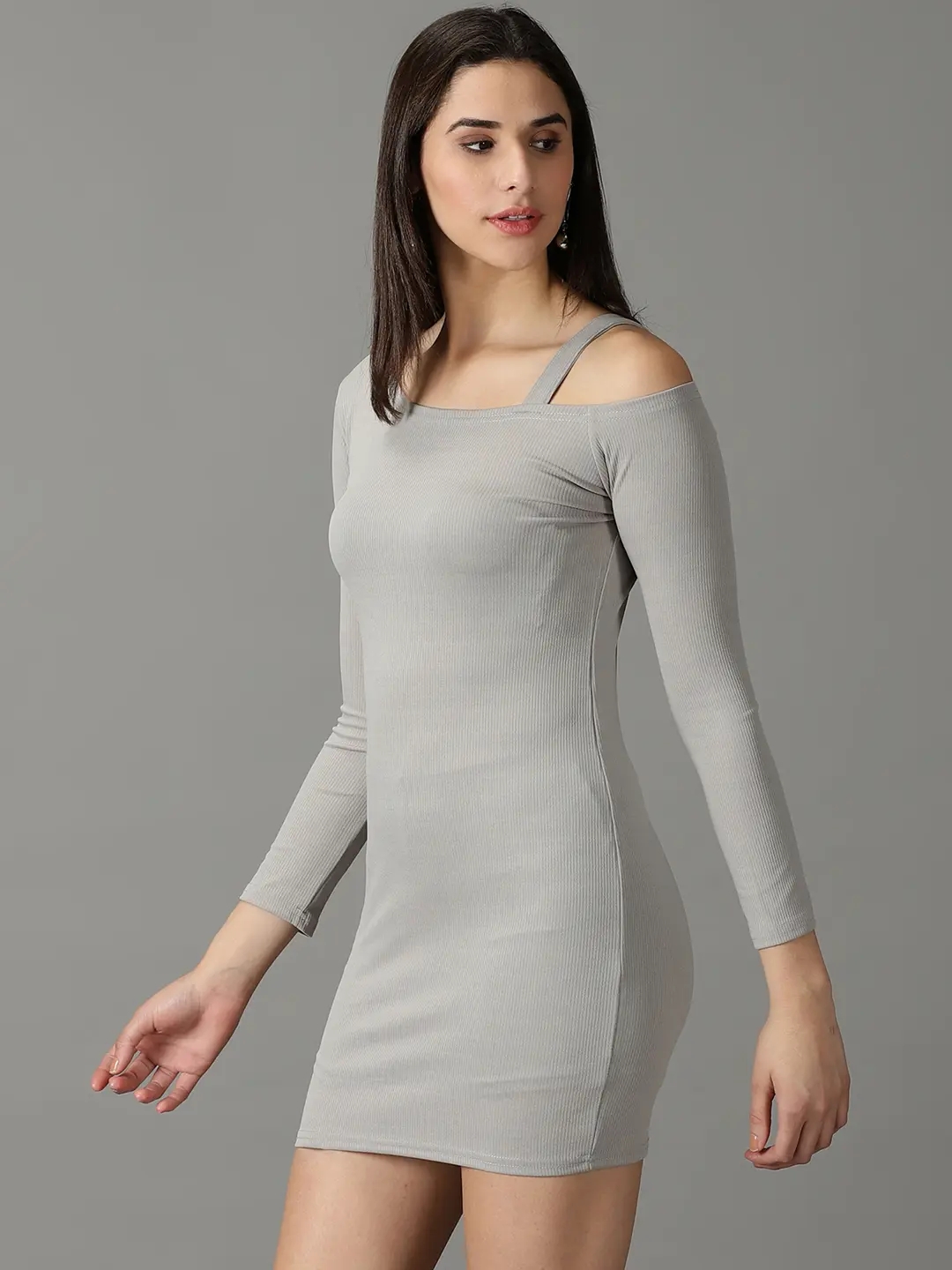 Showoff | SHOWOFF Women Grey Solid Asymmetric Neck Full Sleeves Above Knee Bodycon Dress 2