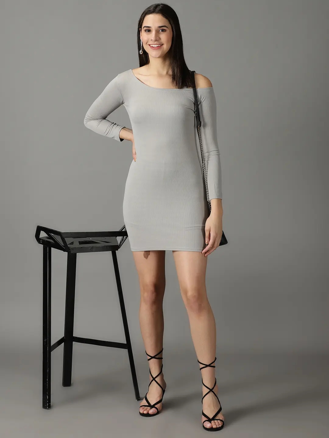 Showoff | SHOWOFF Women Grey Solid Asymmetric Neck Full Sleeves Above Knee Bodycon Dress 4