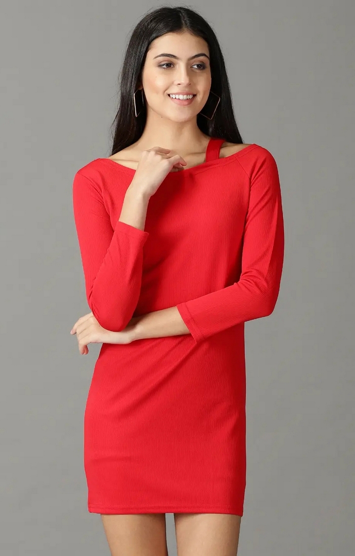 Showoff | SHOWOFF Women Red Solid Asymmetric Neck Full Sleeves Above Knee Bodycon Dress 0