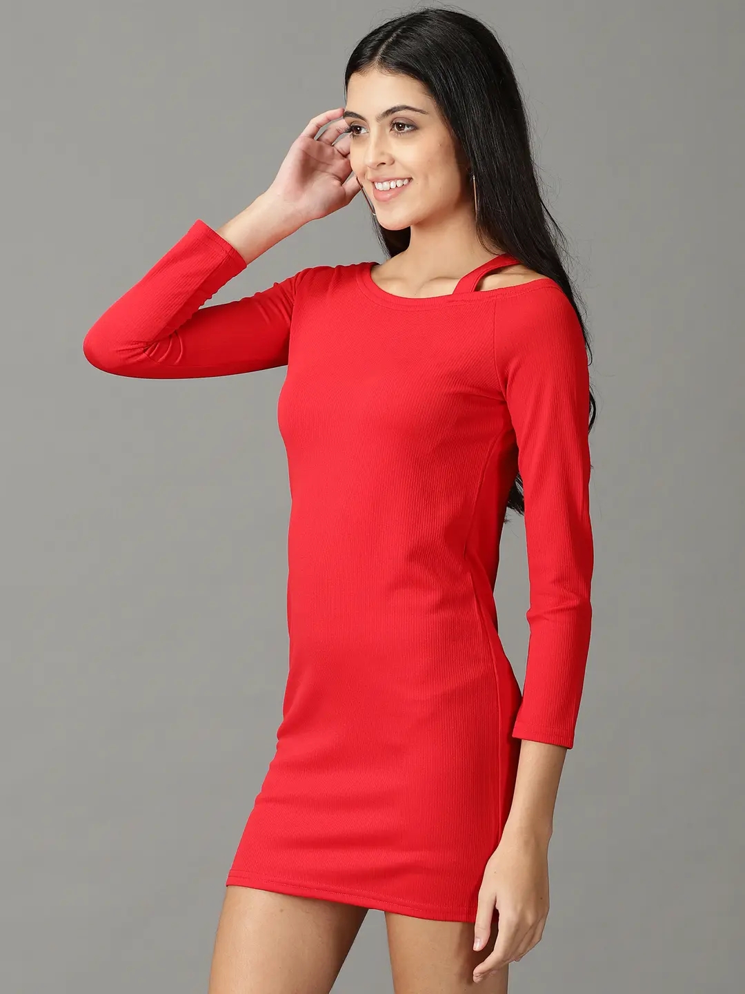 Showoff | SHOWOFF Women Red Solid Asymmetric Neck Full Sleeves Above Knee Bodycon Dress 2