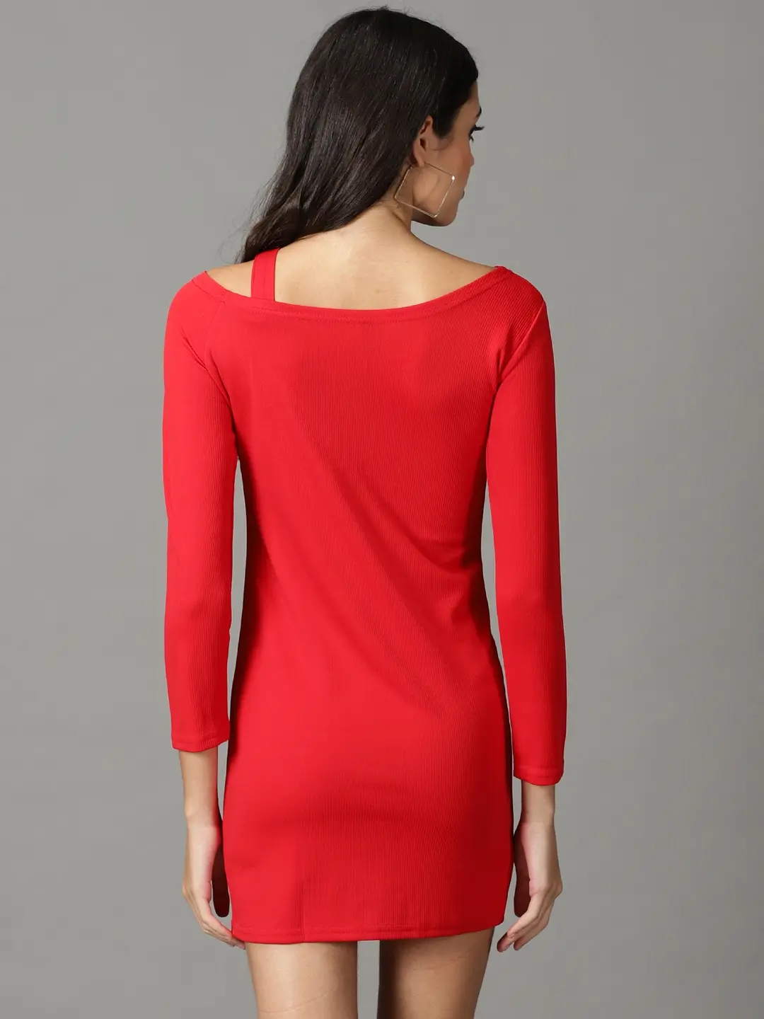 Showoff | SHOWOFF Women Red Solid Asymmetric Neck Full Sleeves Above Knee Bodycon Dress 3