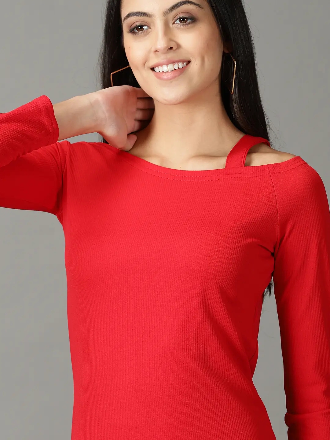 Showoff | SHOWOFF Women Red Solid Asymmetric Neck Full Sleeves Above Knee Bodycon Dress 5